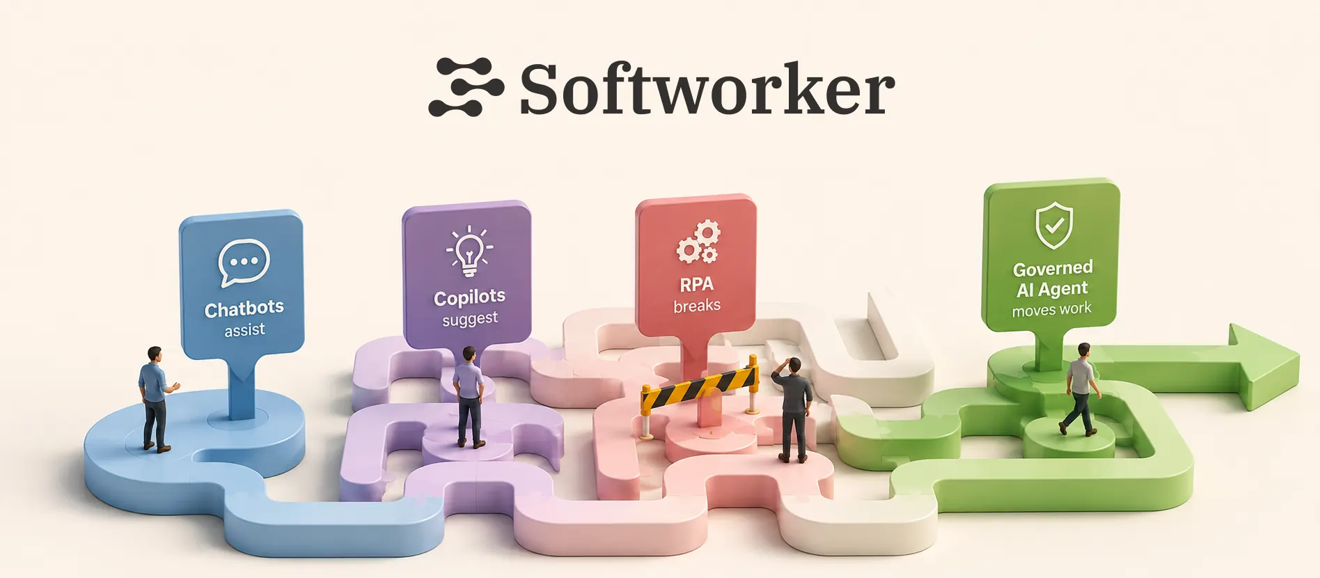 A structured business work route emerging from message bubbles into connected systems