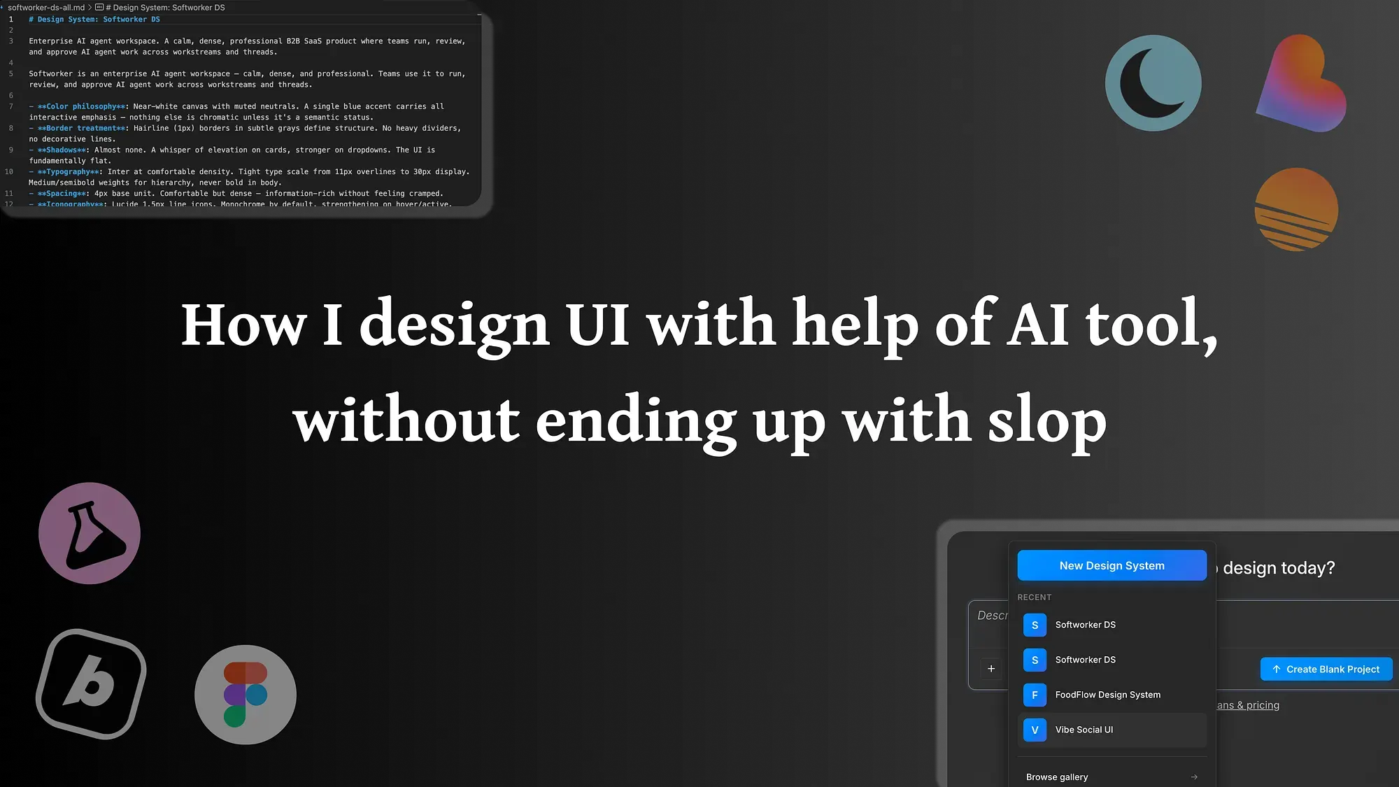 A design workflow where AI-generated screens are filtered through a design system and human judgement