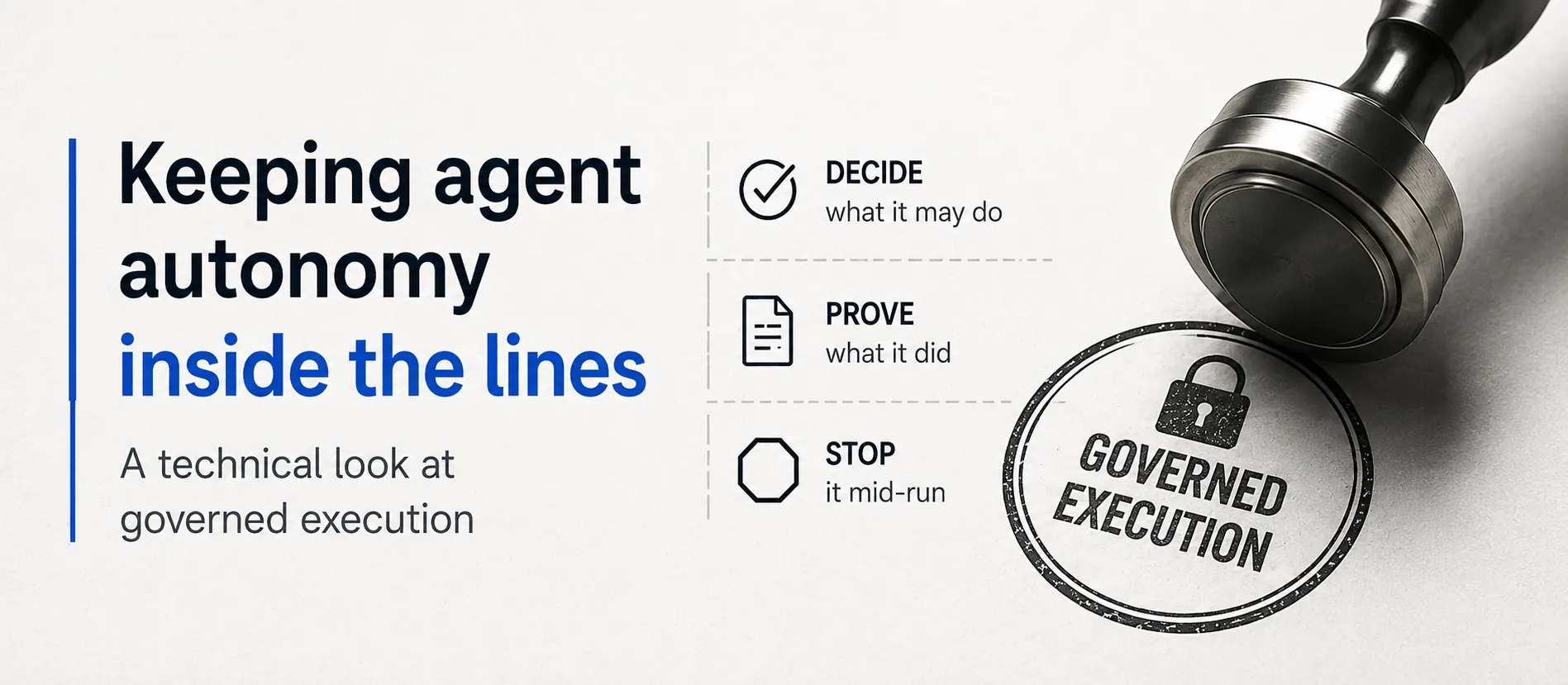 A governed agent run moving through scoped permissions, an approval gate, and an audit log